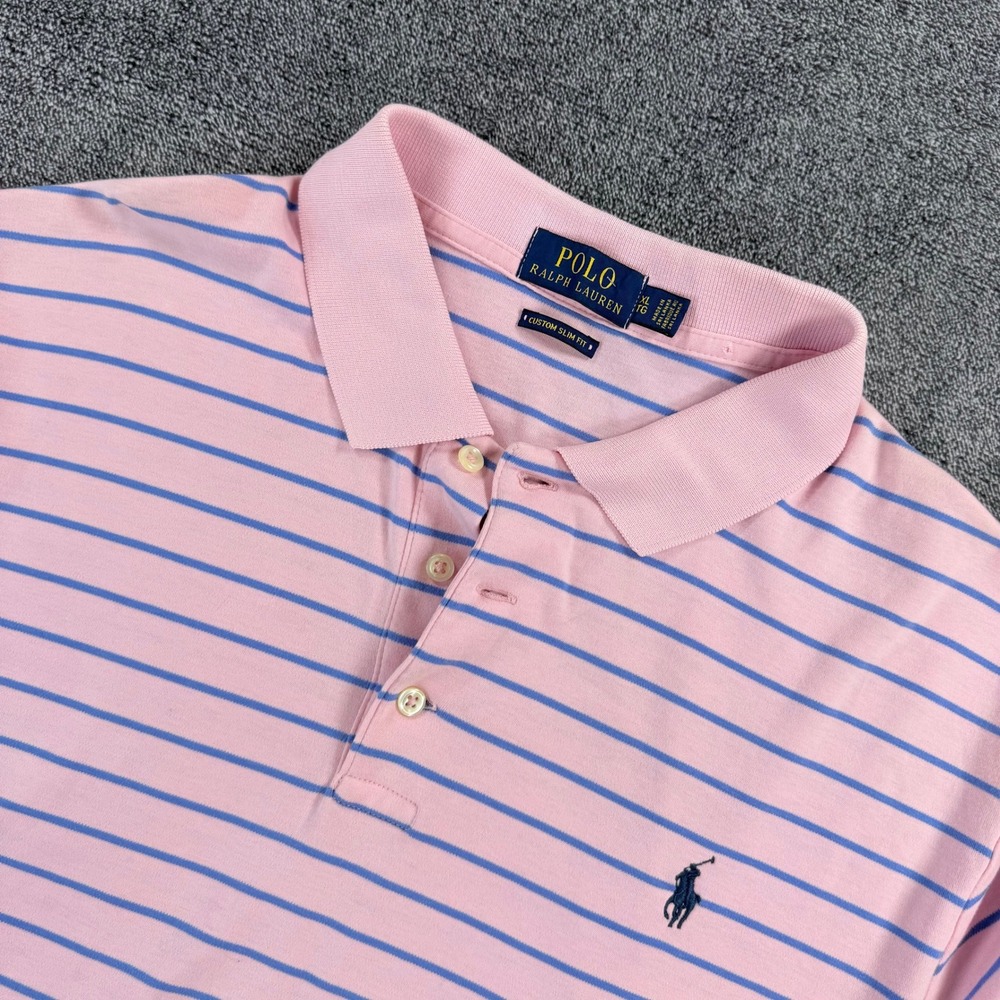 Polo Ralph Lauren Mens XL Custom Slim Fit Pink Blue Striped Mesh Polo Shirt